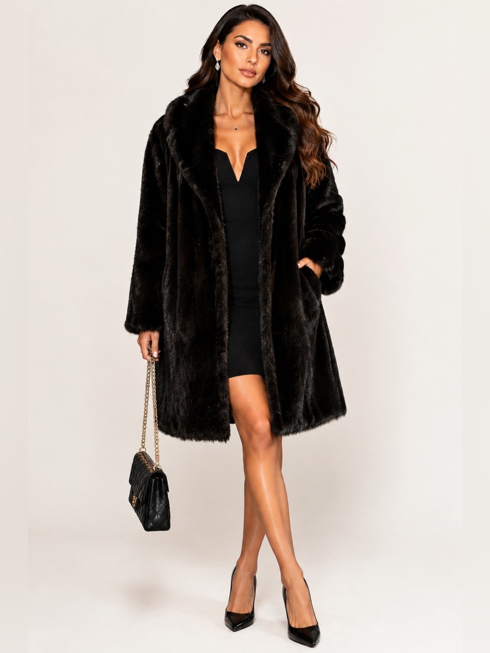 Vintage Monterey Fashions Faux Fur Coat Black Dark Brown Burgundy Lining SZ 12